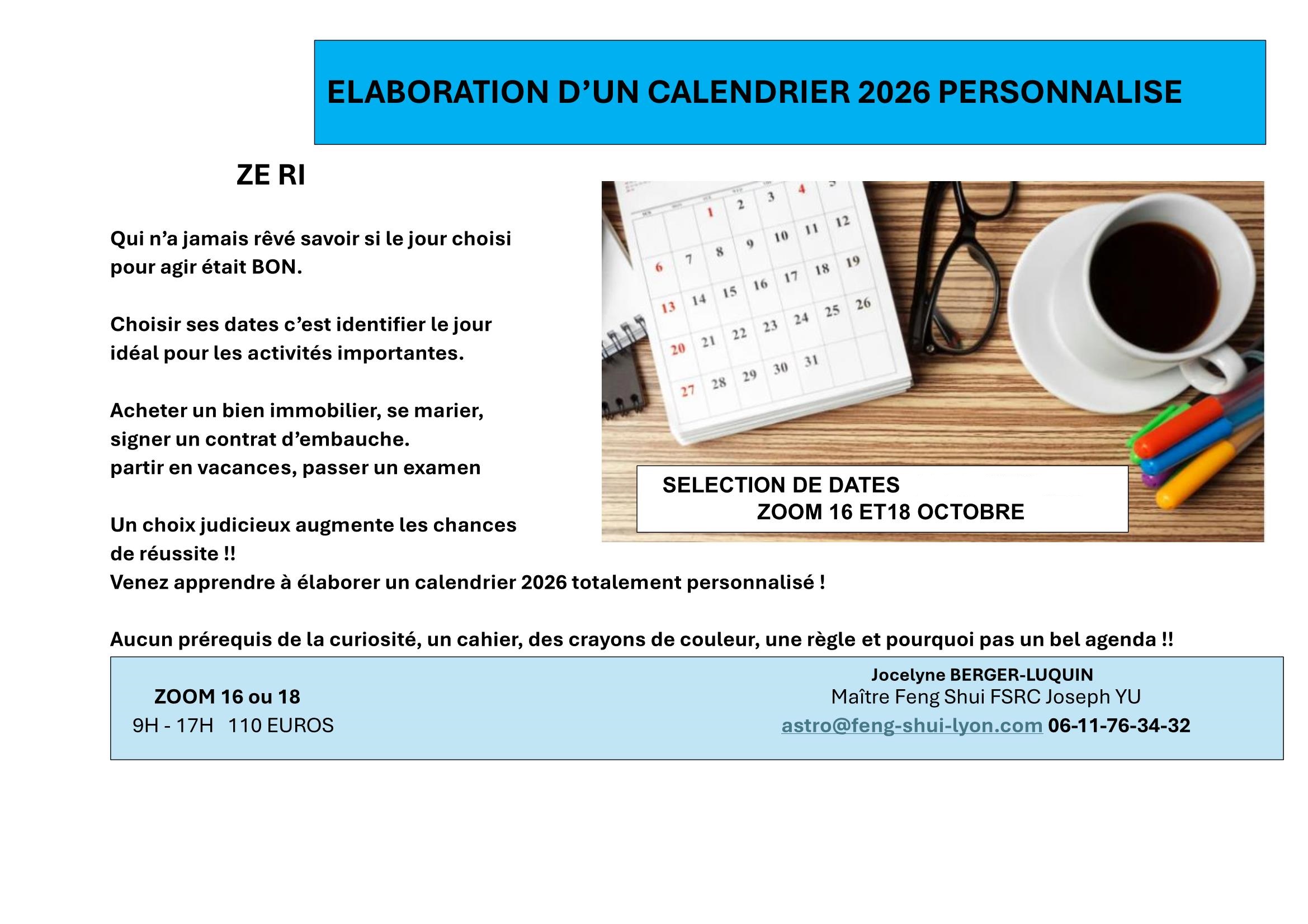 ATELIER CALENDRIER NA YIN PERSONNALISE